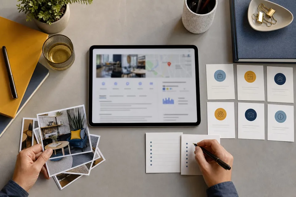 A tablet and organized materials for managing a local business profile