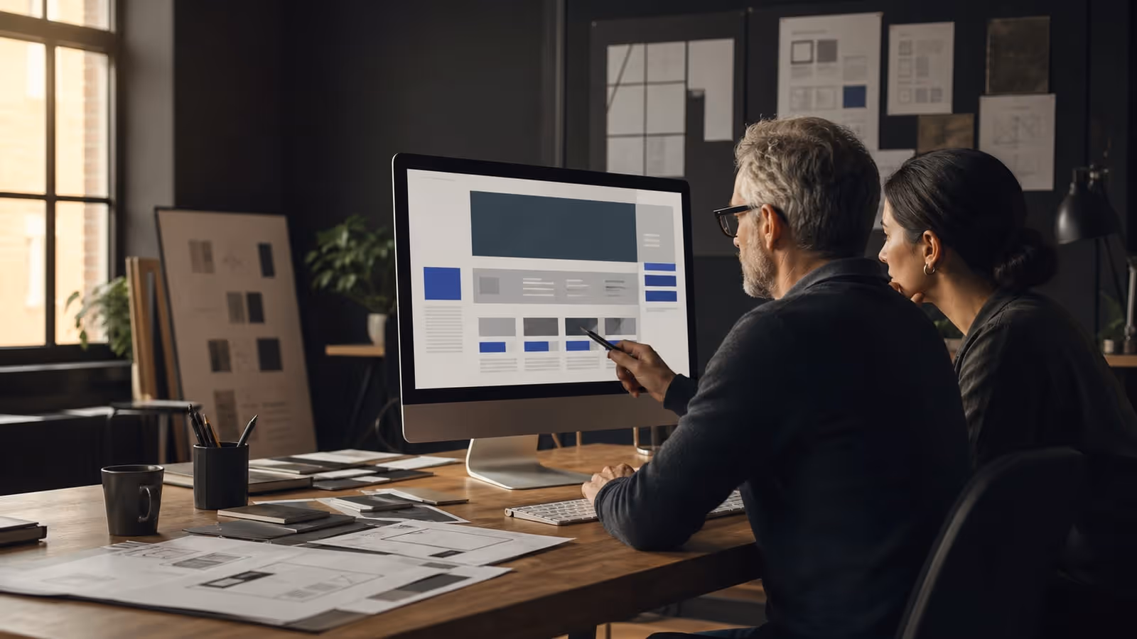 Designers reviewing a digital experience in a contemporary studio